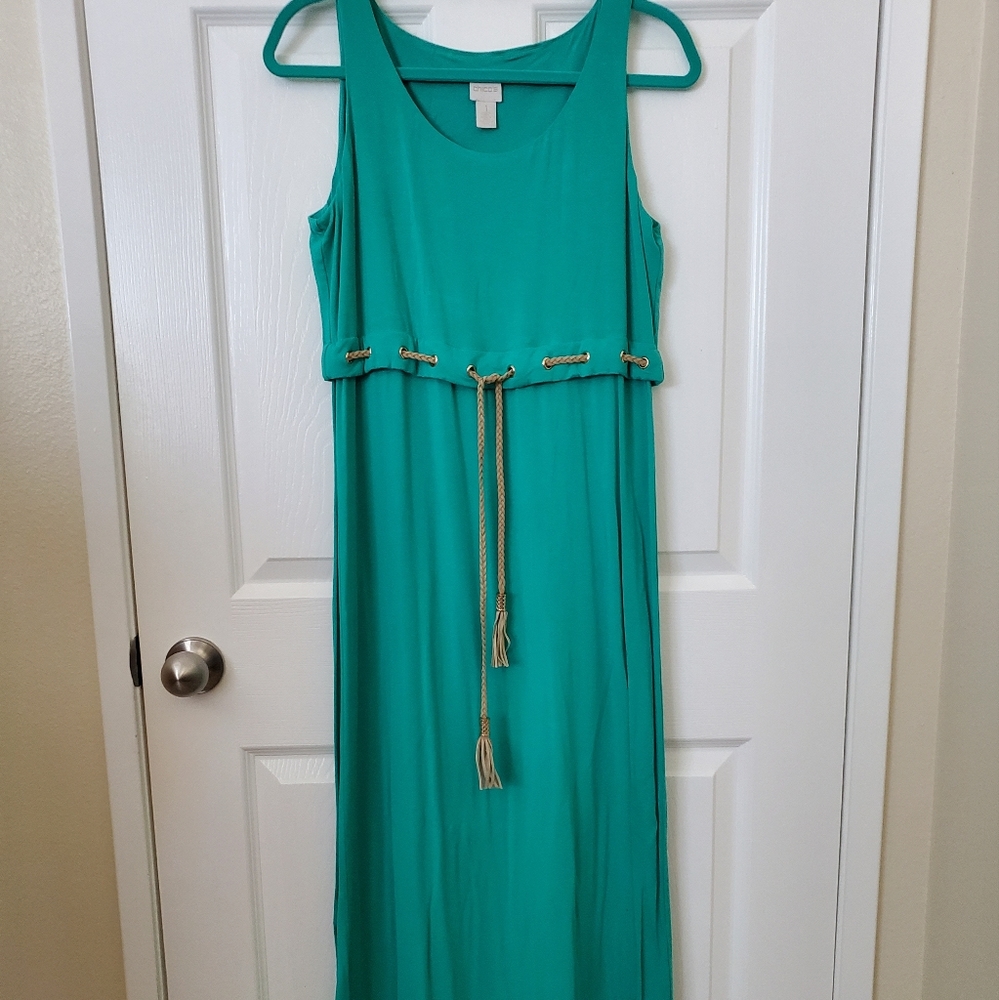 Chico's Kelly Green Gold Grommet Braid Tassel Stetch Maxi Dress Women's Size M